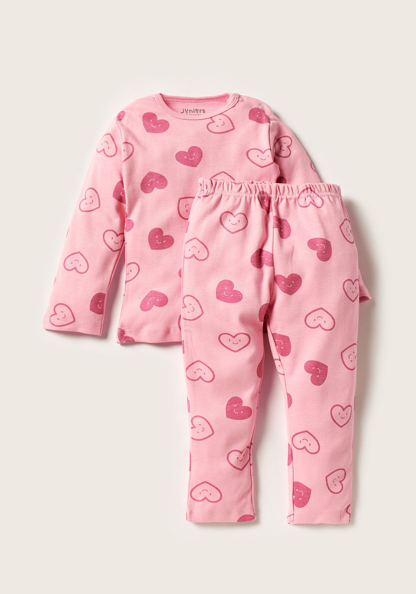 Juniors Heart Print Long Sleeve T-shirt and Pyjama Set-Pyjama Sets-image-0