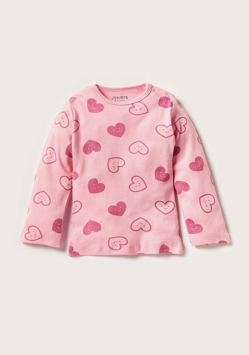 Juniors Heart Print Long Sleeve T-shirt and Pyjama Set-Pyjama Sets-image-3