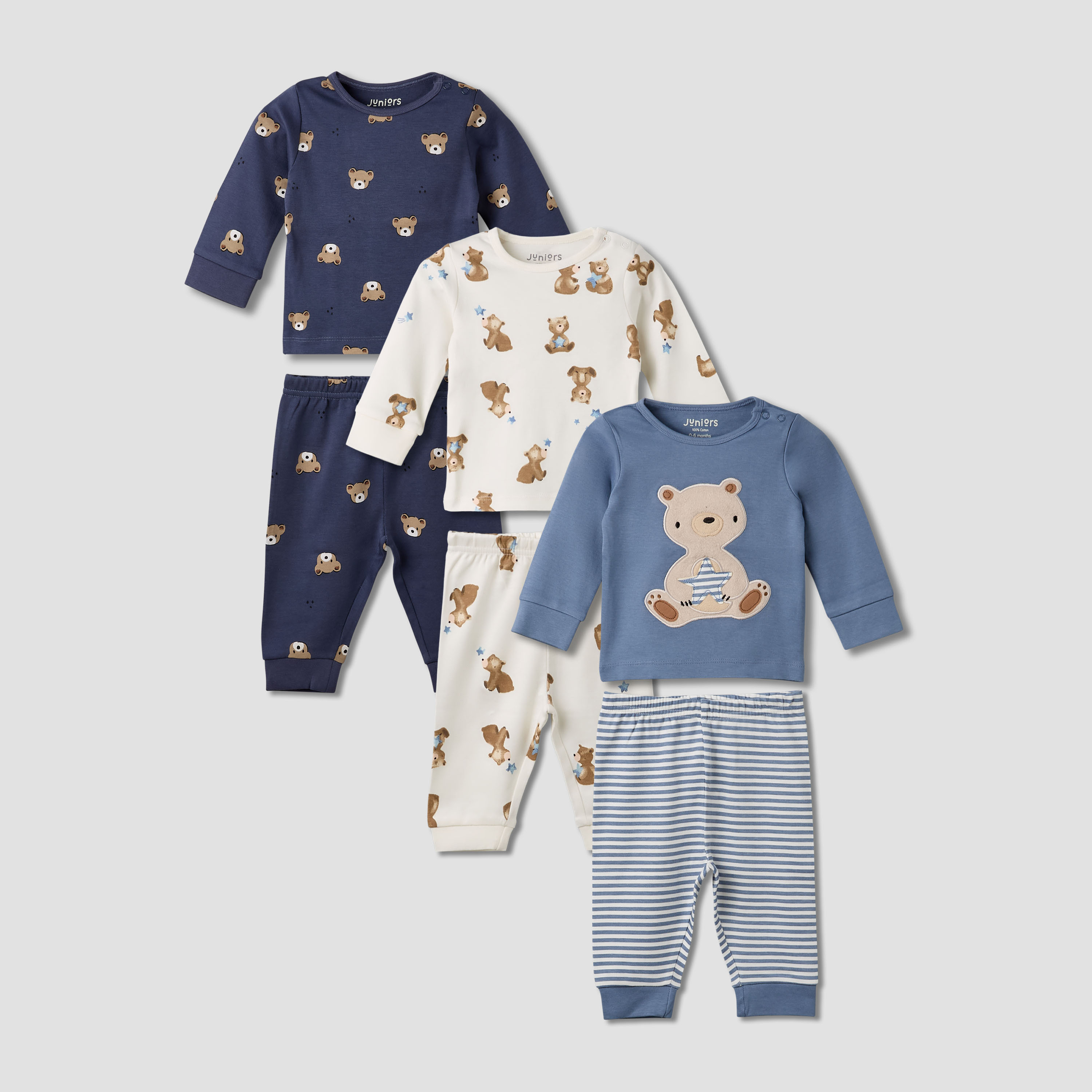 Pack of 3 Juniors Cotton Round Neck Long Sleeves Pyjama Set with Teddy Print-baby-boys-clothing-nightwear-pyjamasets-image-1