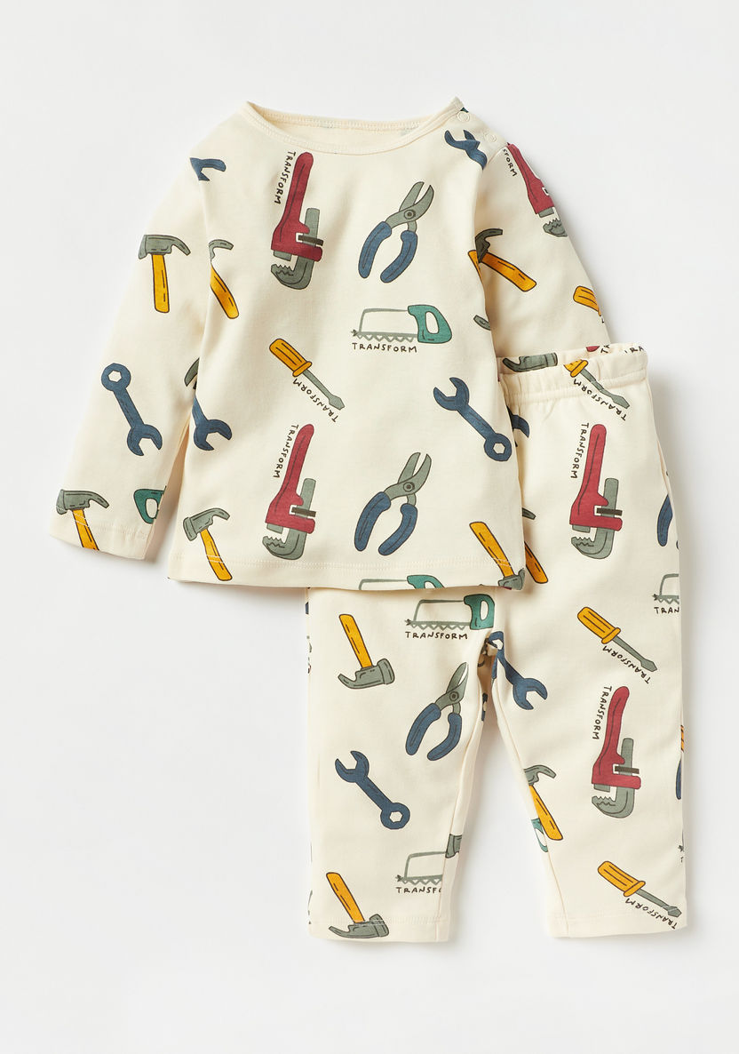 Juniors All-Over Tools Print Long Sleeves T-shirt and Pyjama Set-Pyjama Sets-image-0