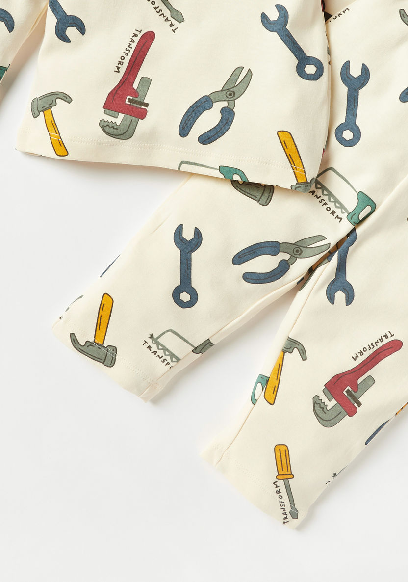 Juniors All-Over Tools Print Long Sleeves T-shirt and Pyjama Set-Pyjama Sets-image-4