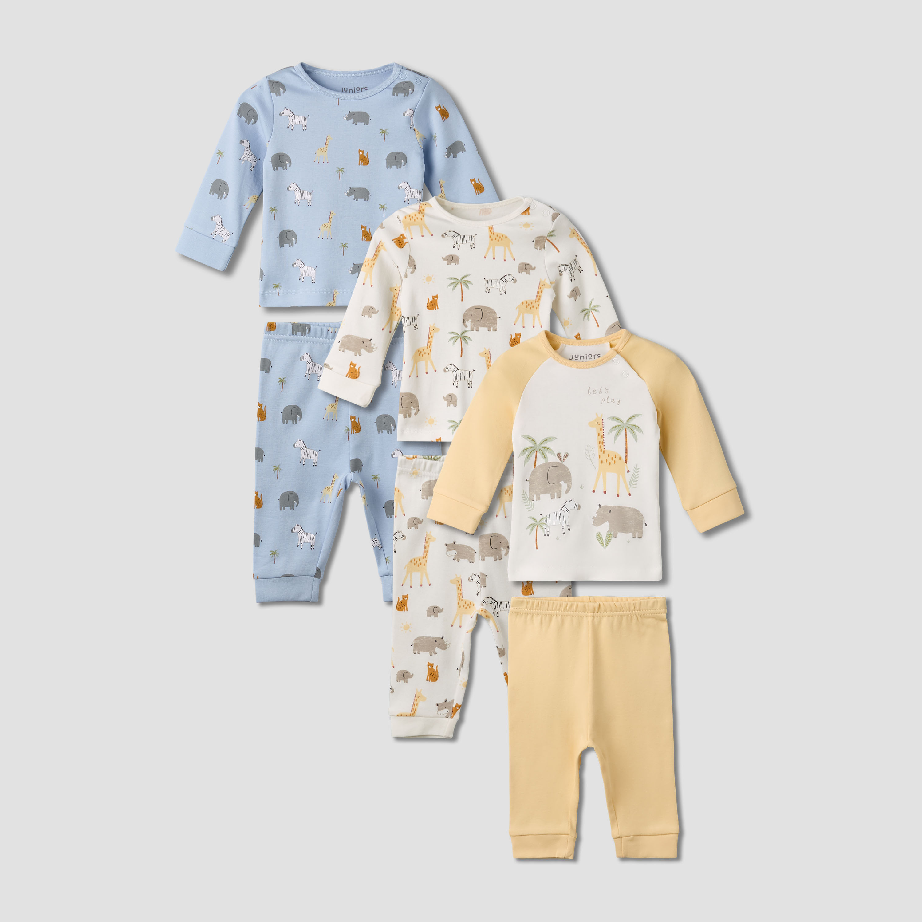 Pack of 3 Juniors Cotton Round Neck Long Sleeves Pyjama Set with Safari Print-baby-boys-clothing-nightwear-pyjamasets-image-1