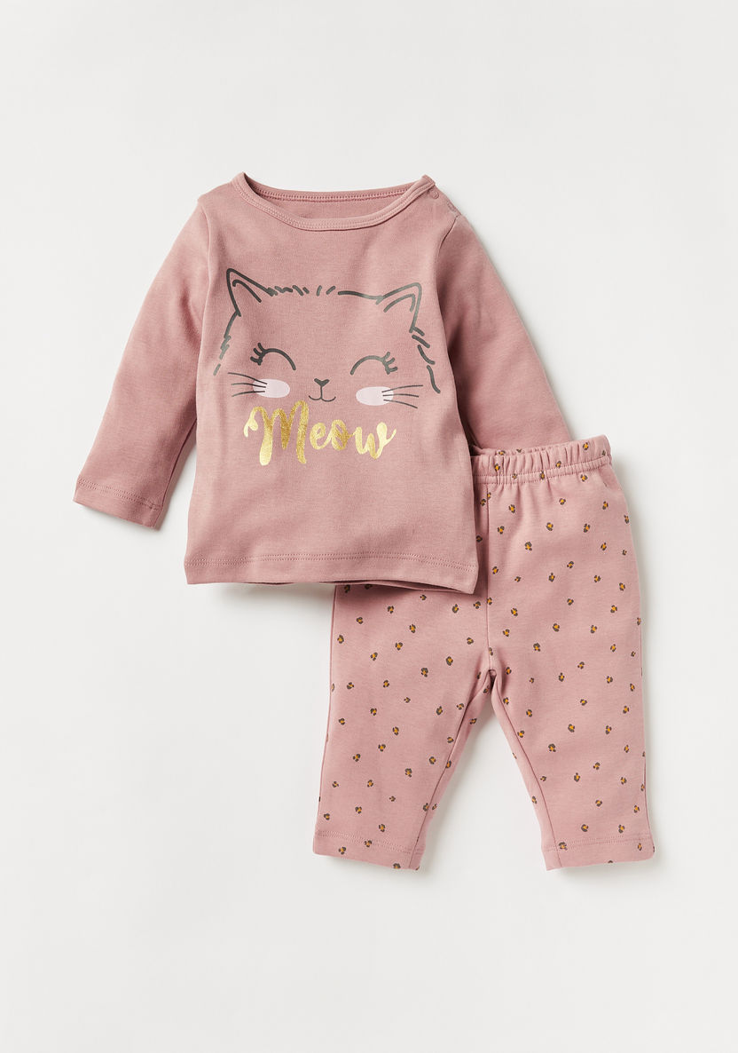 Juniors Cat Print T-shirt and Pyjama Set-Pyjama Sets-image-0