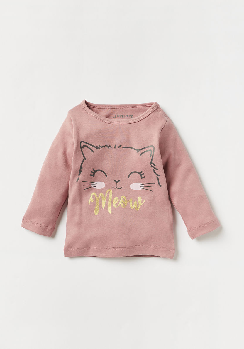 Juniors Cat Print T-shirt and Pyjama Set-Pyjama Sets-image-1