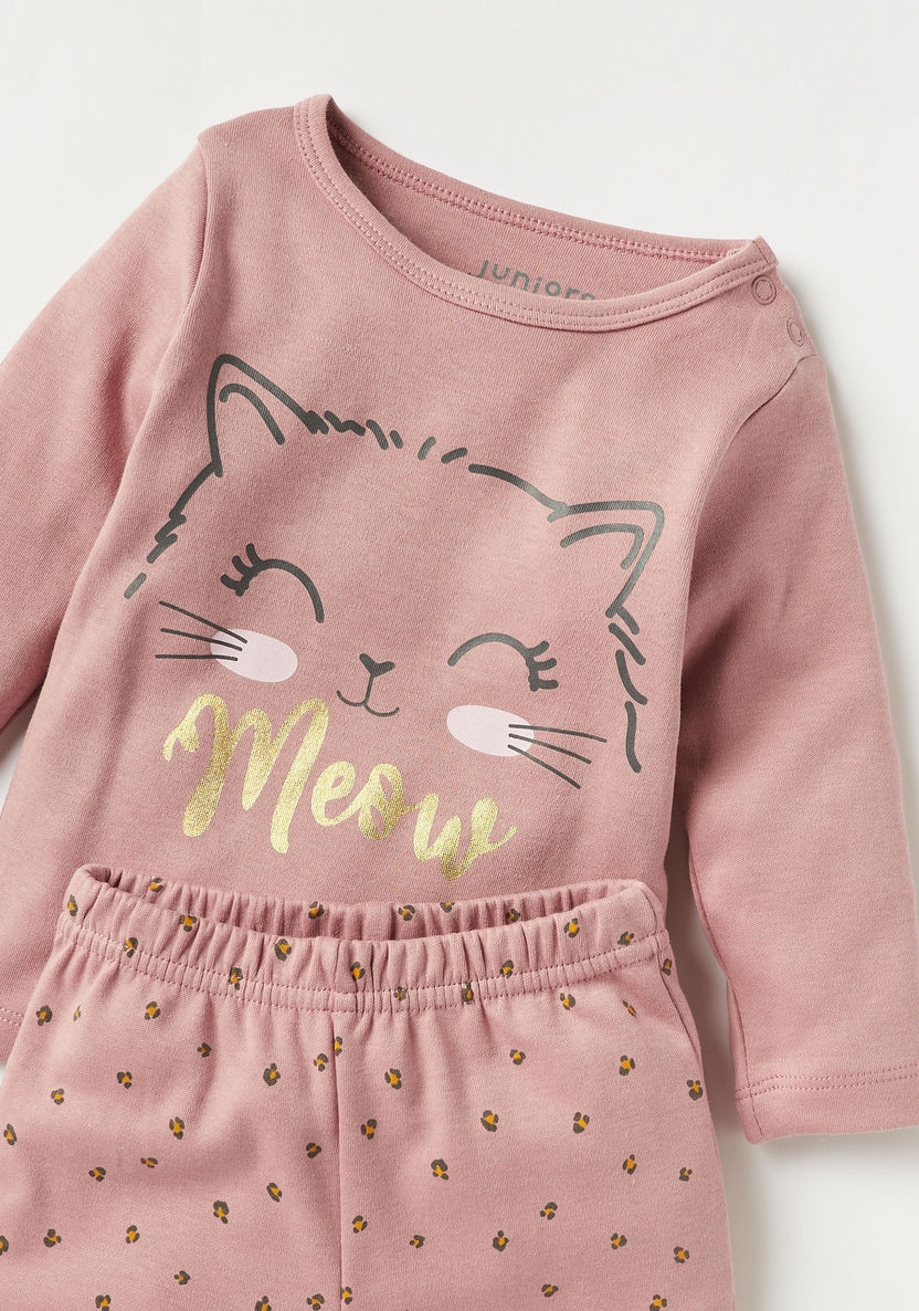 Juniors Cat Print T-shirt and Pyjama Set-Pyjama Sets-image-3