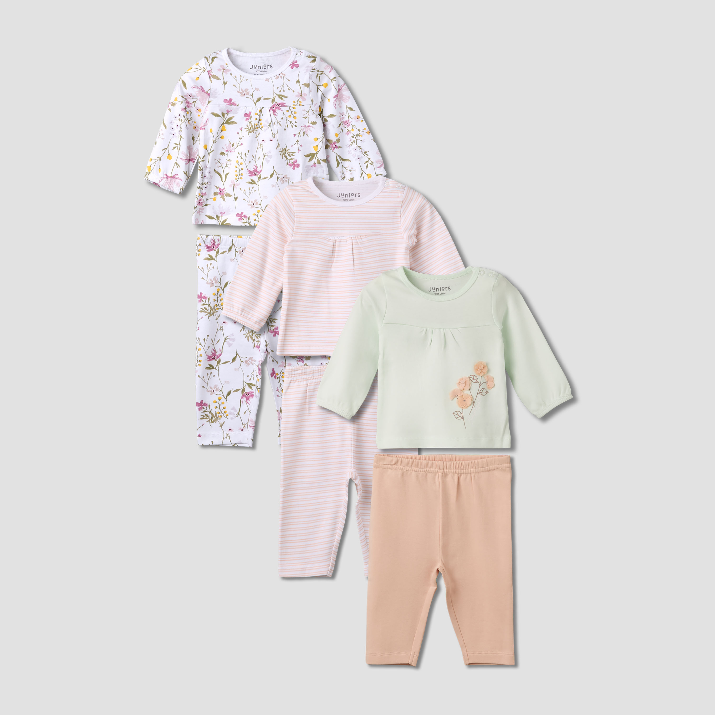 Pack of 3 Juniors Cotton Round Neck Long Sleeves Pyjama Set with Floral Print-baby-girls-clothing-nightwear-pyjamasets-image-1