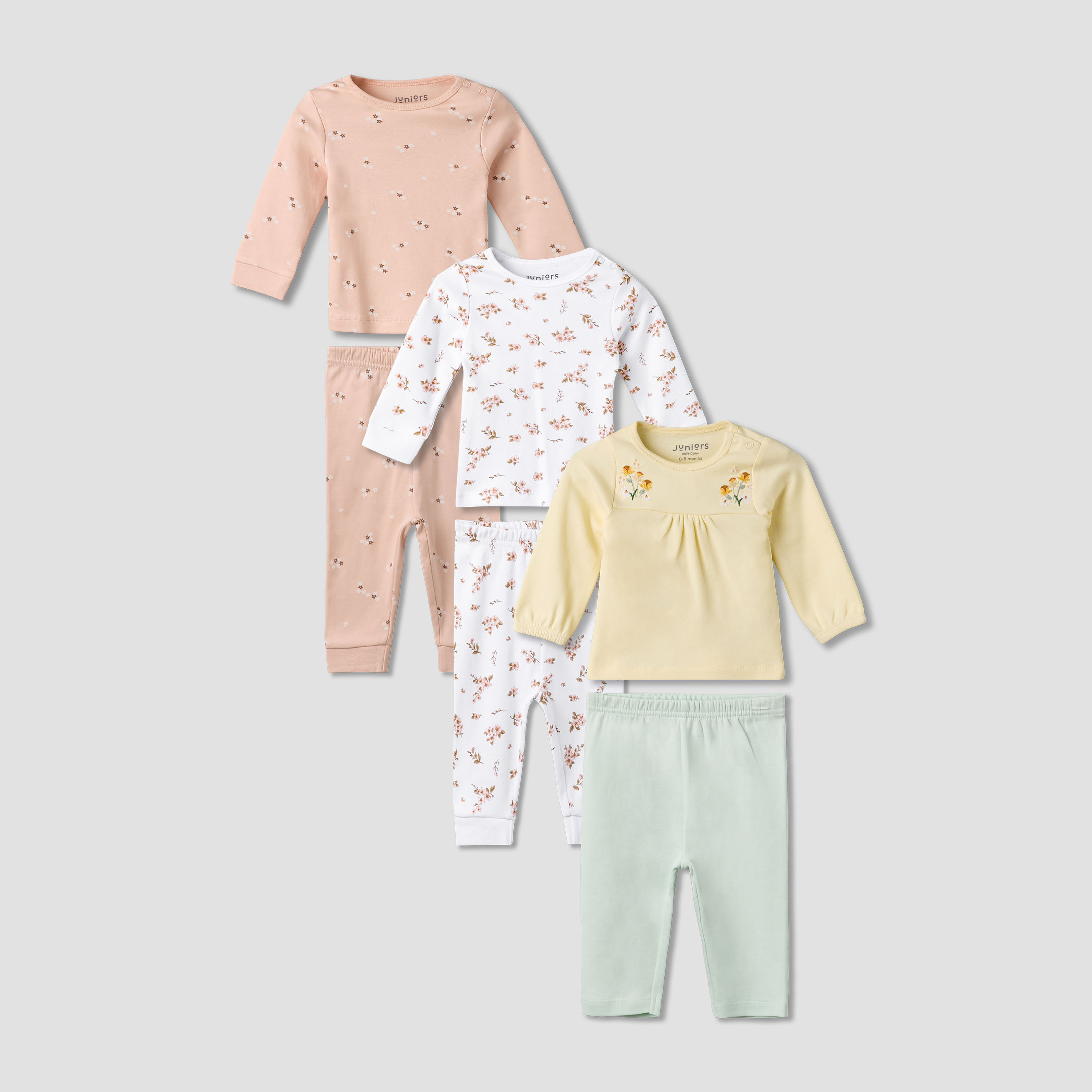 Pack of 3 Juniors Cotton Round Neck Long Sleeves Pyjama Set with Floral Print-baby-girls-clothing-nightwear-pyjamasets-image-1