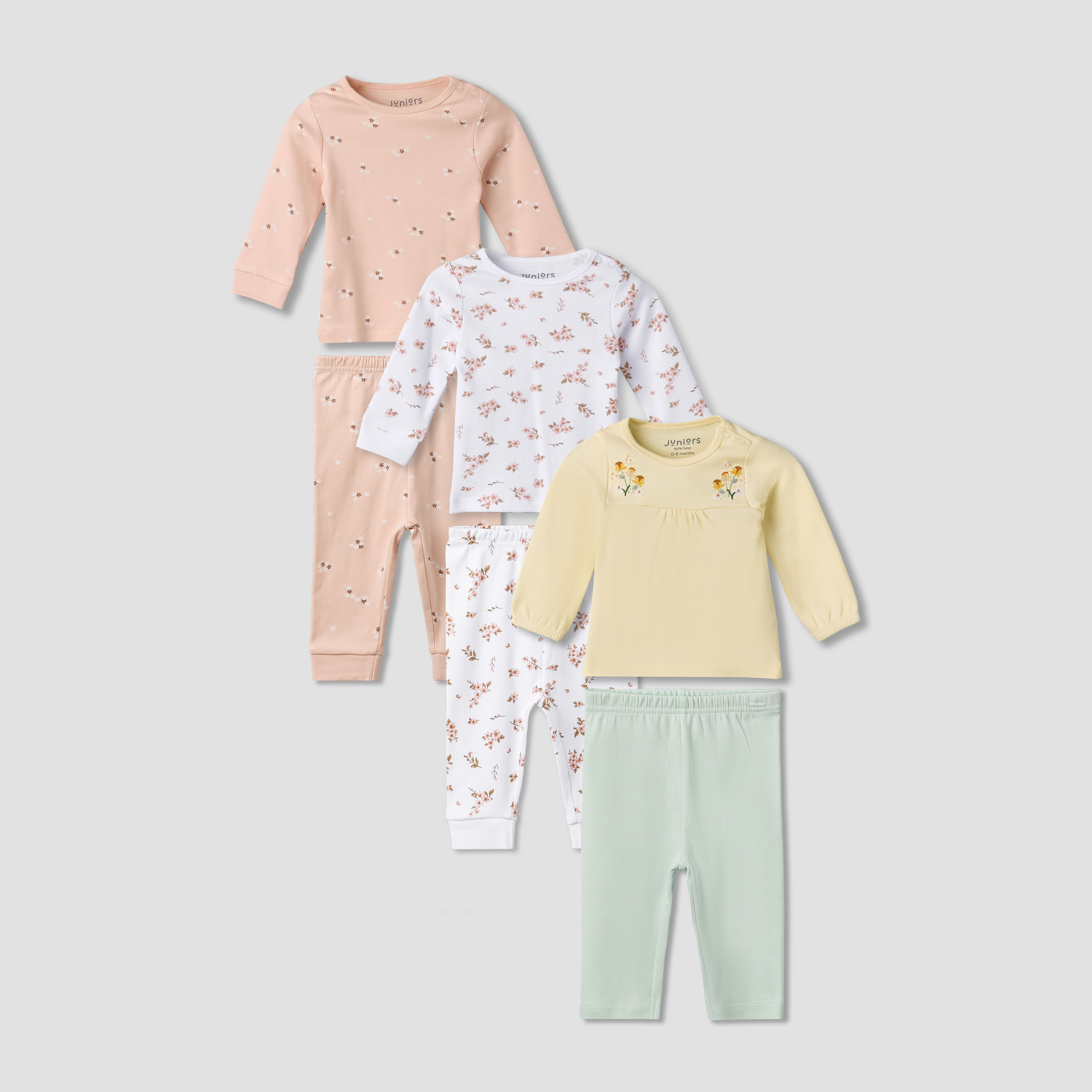 Pack of 3 Juniors Cotton Round Neck Long Sleeves Pyjama Set with Floral Print-baby-girls-clothing-nightwear-pyjamasets-image-1