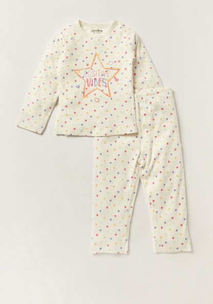 Juniors Polka Print Round Neck T-shirt and Full Length Pyjama Set-Pyjama Sets-image-0
