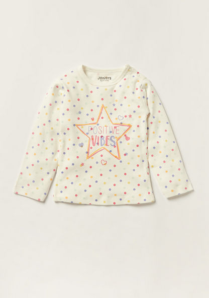 Juniors Polka Print Round Neck T-shirt and Full Length Pyjama Set-Pyjama Sets-image-1