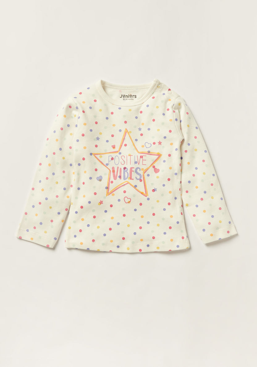 Juniors Polka Print Round Neck T-shirt and Full Length Pyjama Set-Pyjama Sets-image-1