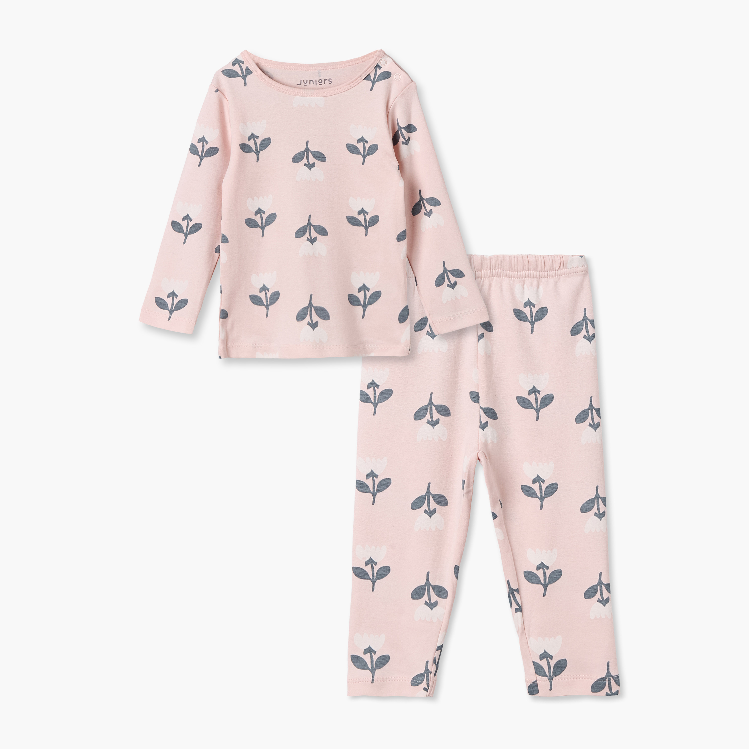 Juniors Floral Print Long Sleeves T-shirt and Pyjama Set-baby-girls-clothing-nightwear-pyjamasets-image-1