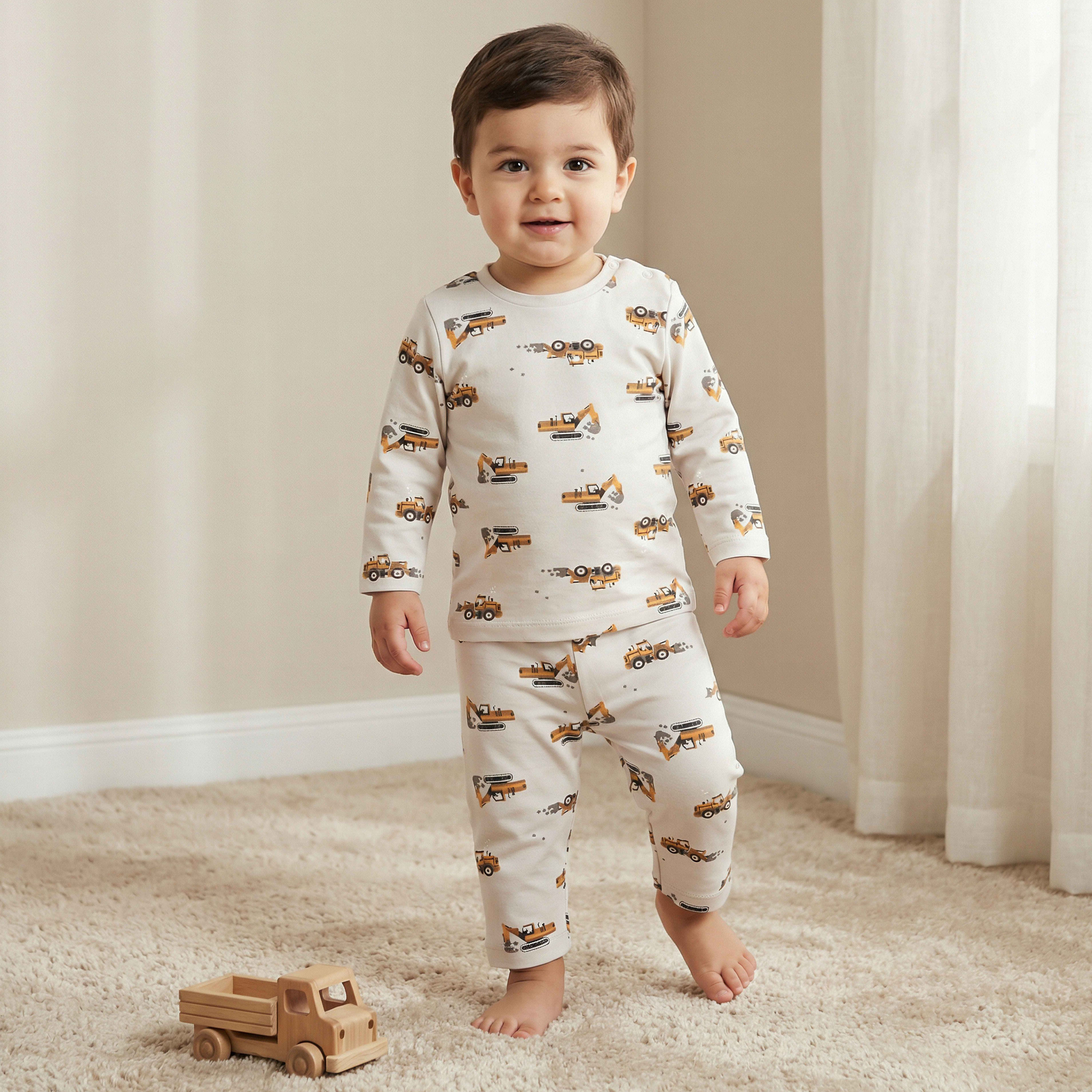 Juniors Cotton Crew Neck Short Sleeves Pyjama Set with Construction Print-baby-boys-clothing-nightwear-pyjamasets-image-1