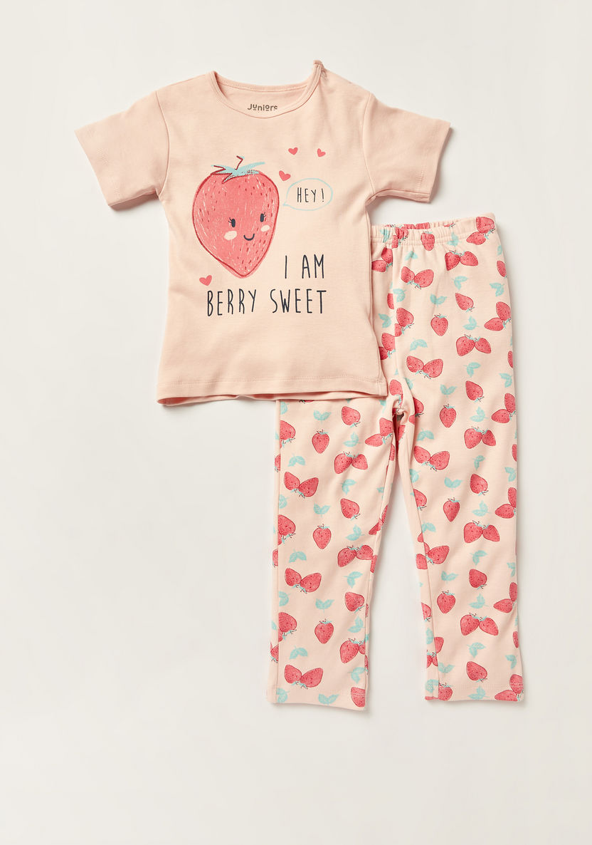 Juniors Strawberry Print Round Neck T-shirt and Full Length Pyjama Set-Pyjama Sets-image-0