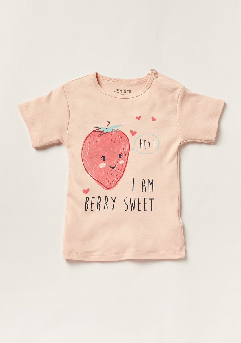 Juniors Strawberry Print Round Neck T-shirt and Full Length Pyjama Set-Pyjama Sets-image-1
