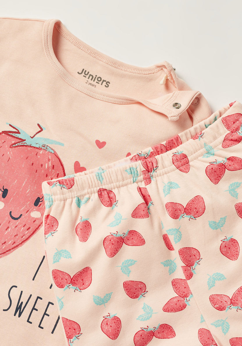 Juniors Strawberry Print Round Neck T-shirt and Full Length Pyjama Set-Pyjama Sets-image-3