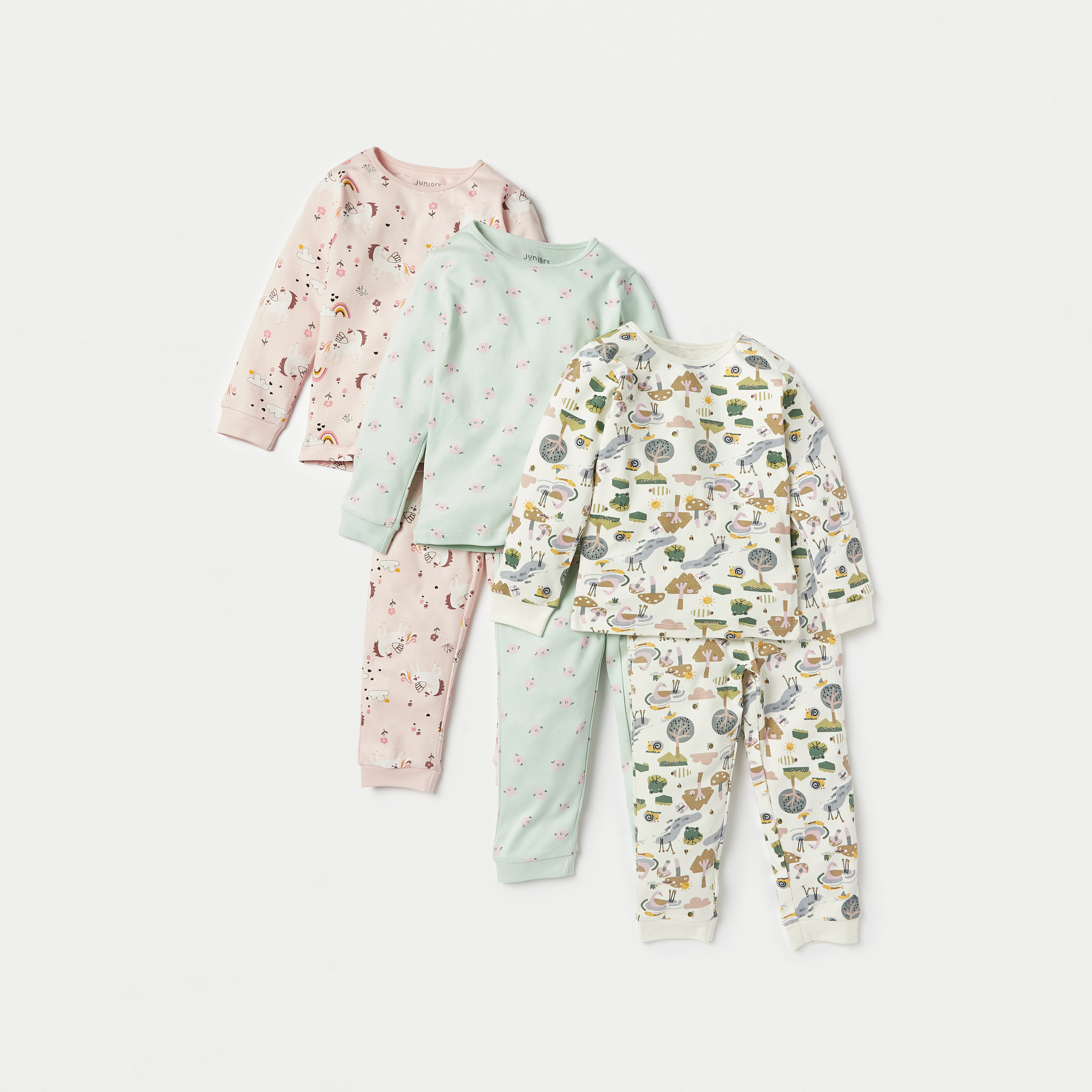 Juniors All-Over Print Long Sleeves T-shirt with Pyjamas - Set of 3-baby-girls-clothing-nightwear-pyjamasets-image-1