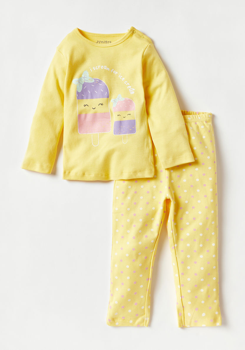 Juniors Ice Cream Print Long Sleeves T-shirt and Pyjama Set-Pyjama Sets-image-0