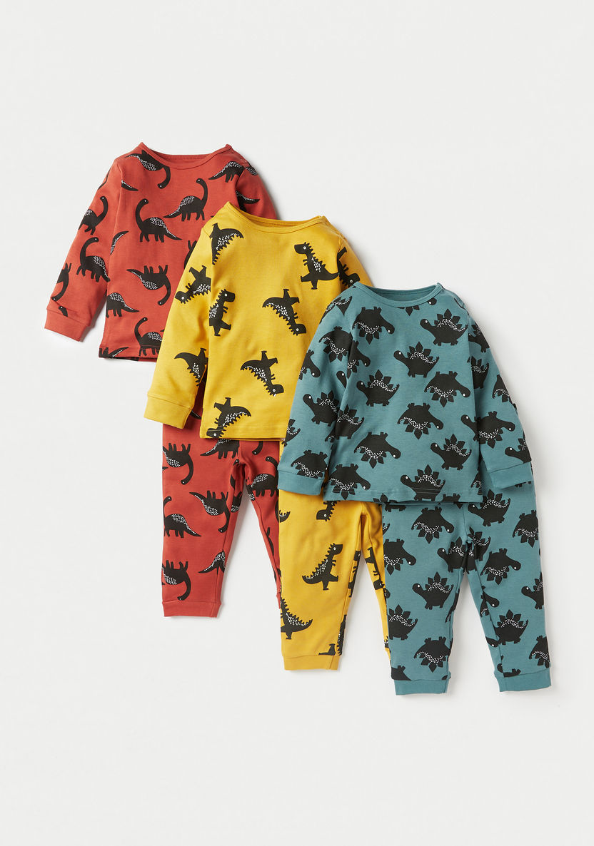 Juniors Dinosaur Print T-shirt with Pyjamas - Set of 3-Pyjama Sets-image-0