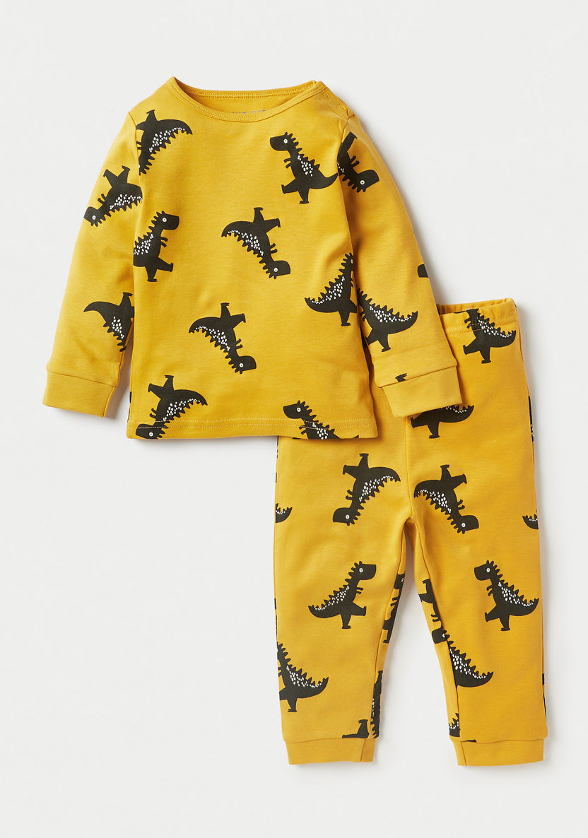 Juniors Dinosaur Print T-shirt with Pyjamas - Set of 3-Pyjama Sets-image-2