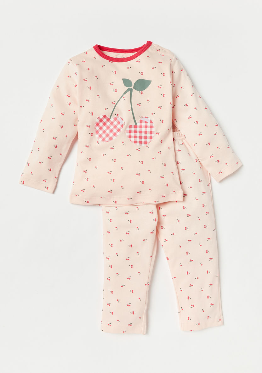 Juniors Cherry Print Long Sleeves T-shirt and Pyjama Set-Pyjama Sets-image-0