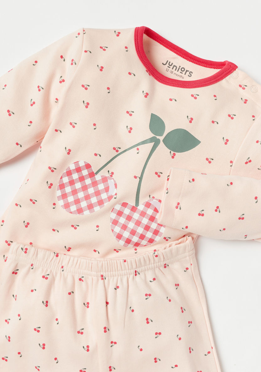 Juniors Cherry Print Long Sleeves T-shirt and Pyjama Set-Pyjama Sets-image-3