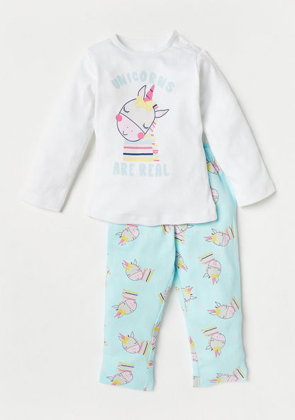Juniors Unicorn Print Long Sleeves T-shirt and Pyjama Set-Pyjama Sets-image-0