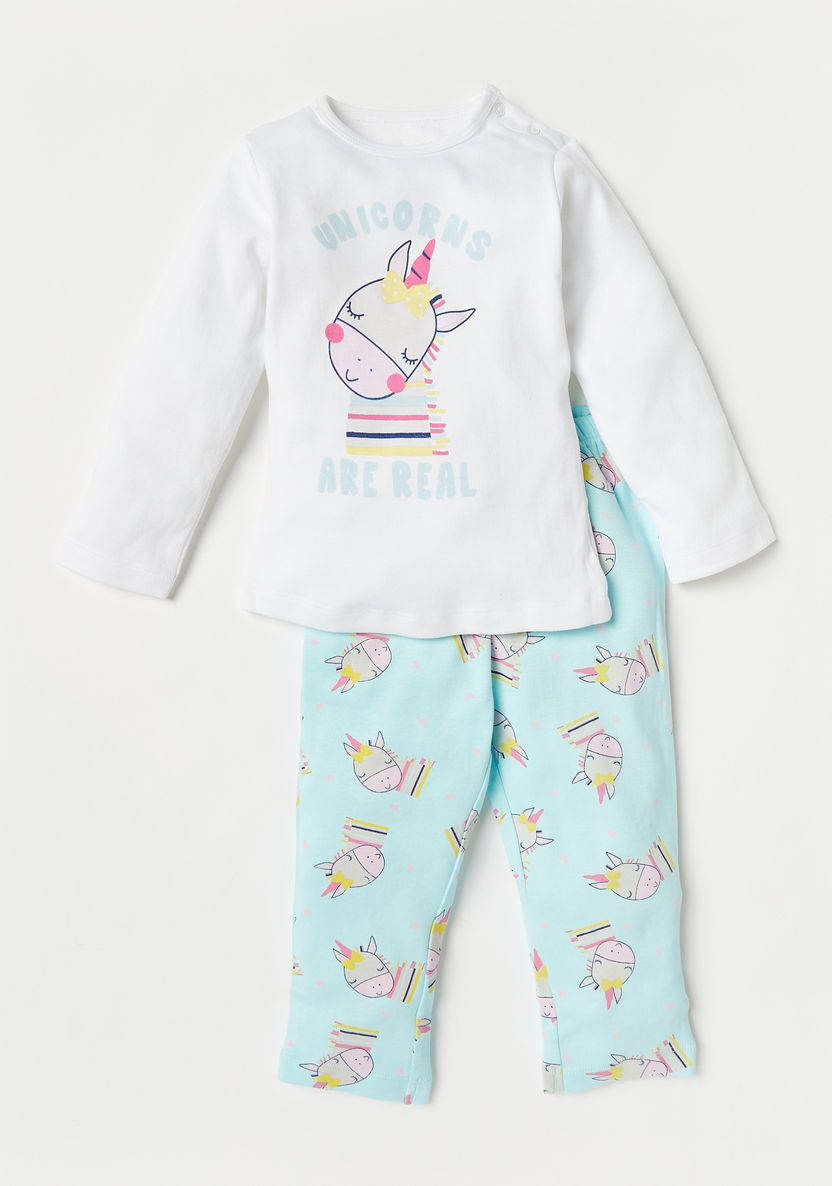 Juniors Unicorn Print Long Sleeves T-shirt and Pyjama Set-Pyjama Sets-image-0