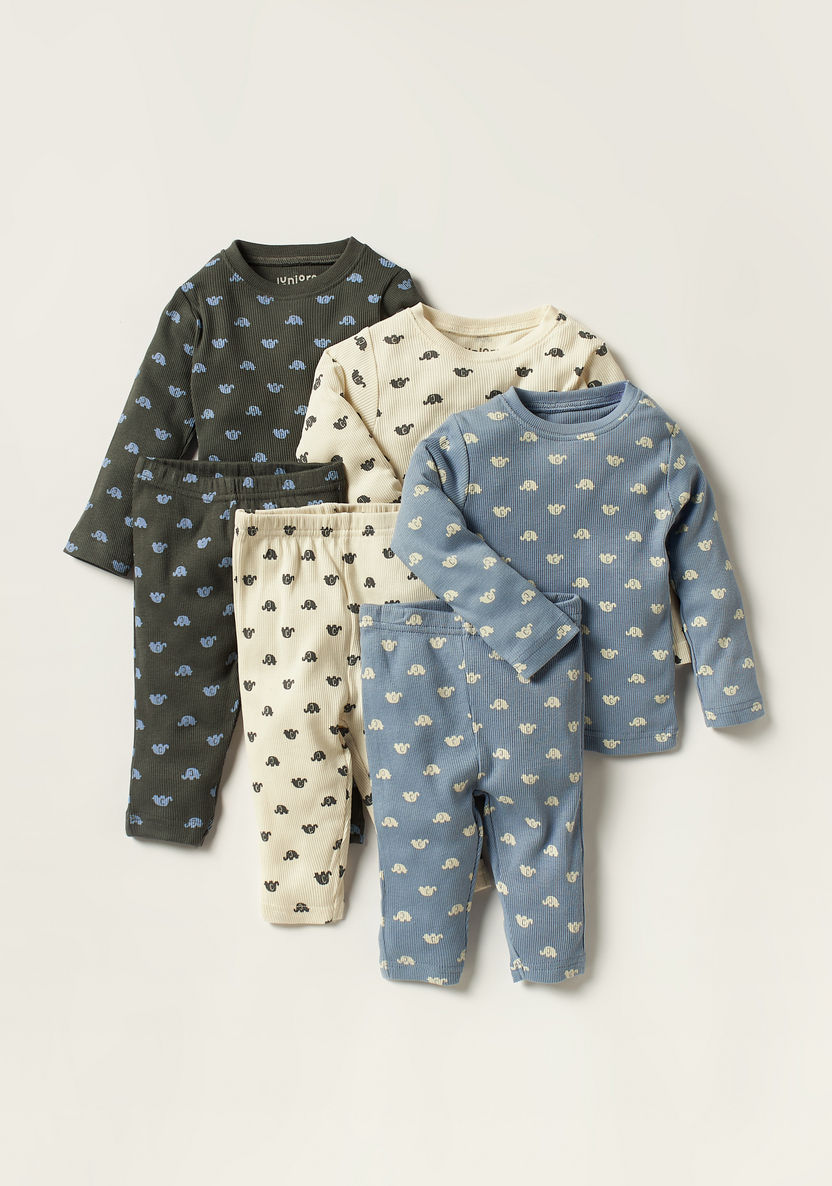 Juniors Elephant Print Long Sleeves Top and Pyjamas - Set of 3-Pyjama Sets-image-0