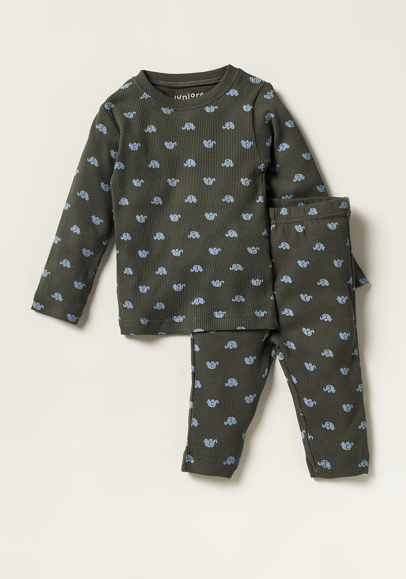 Juniors Elephant Print Long Sleeves Top and Pyjamas - Set of 3-Pyjama Sets-image-3