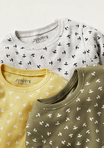 Juniors Aeroplane Print Long Sleeves T-shirt and Pyjamas - Set of 3-Multipacks-image-1