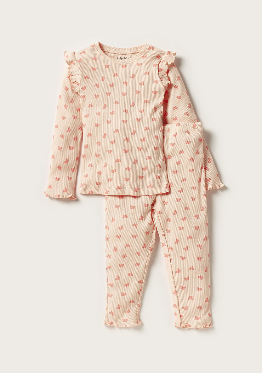 Juniors Butterfly Print Long Sleeves Top and Pyjamas - Set of 3-Pyjama Sets-image-4
