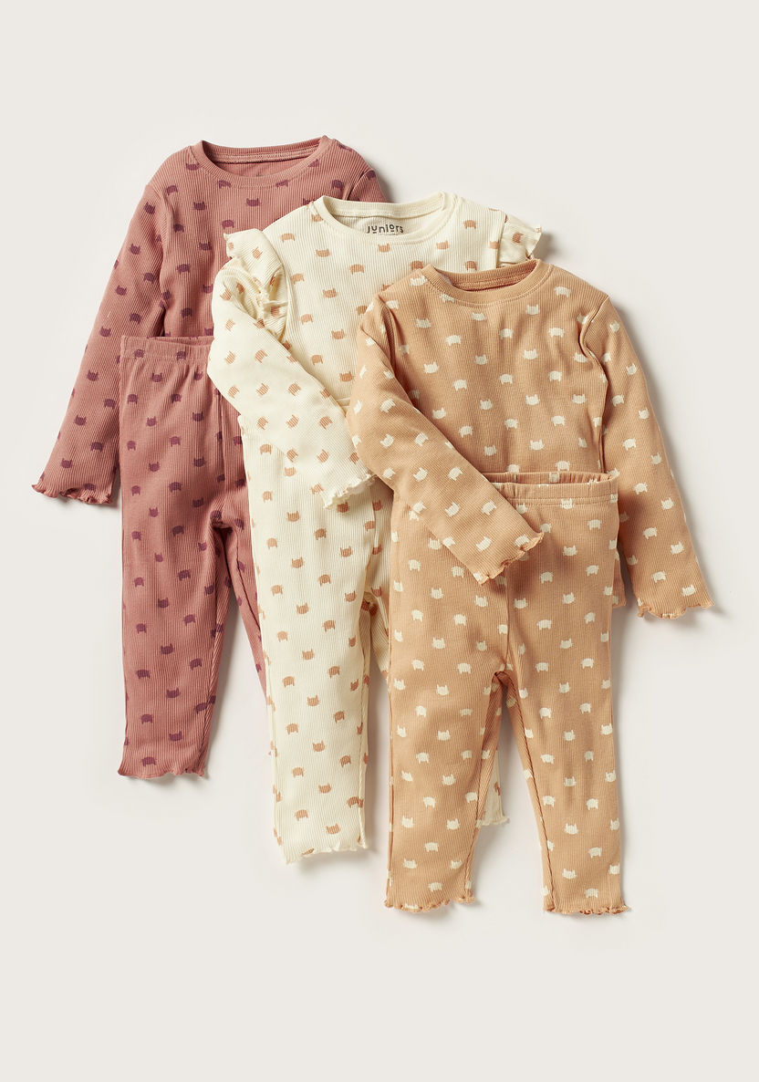 Juniors Cat Print Long Sleeves Top and Pyjamas - Set of 3-Pyjama Sets-image-0