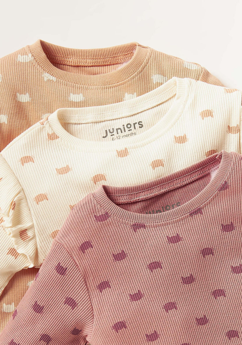 Juniors Cat Print Long Sleeves Top and Pyjamas - Set of 3-Pyjama Sets-image-1