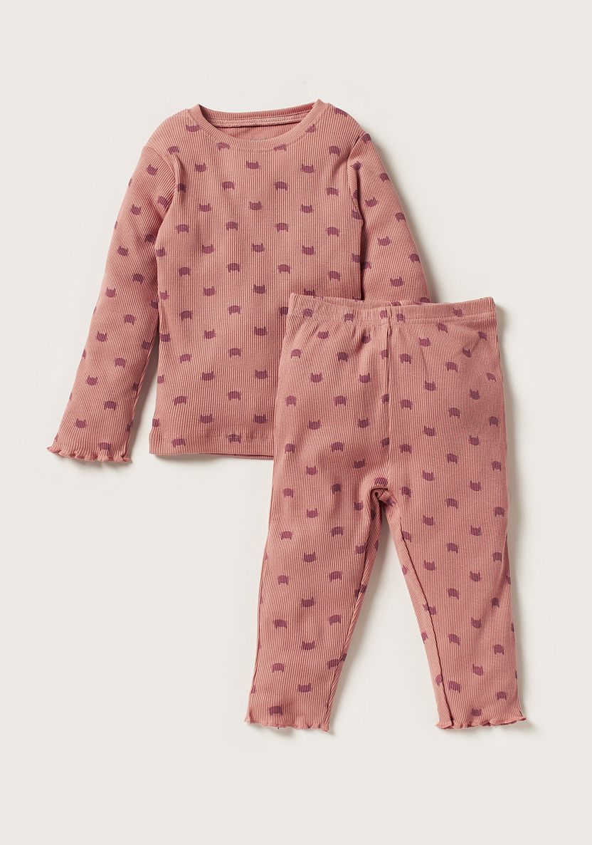 Juniors Cat Print Long Sleeves Top and Pyjamas - Set of 3-Pyjama Sets-image-3