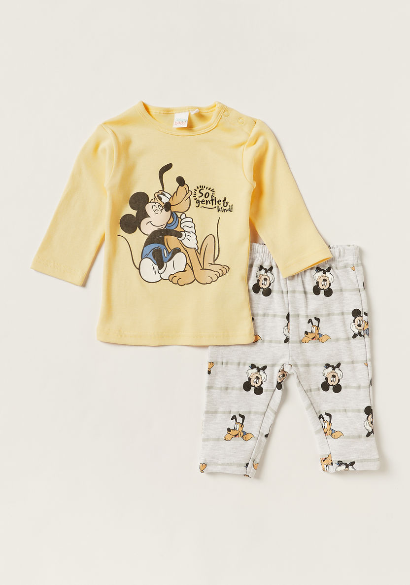 Disney Mickey Mouse Print Round Neck T-shirt and Full Length Pyjama Set-Pyjama Sets-image-0