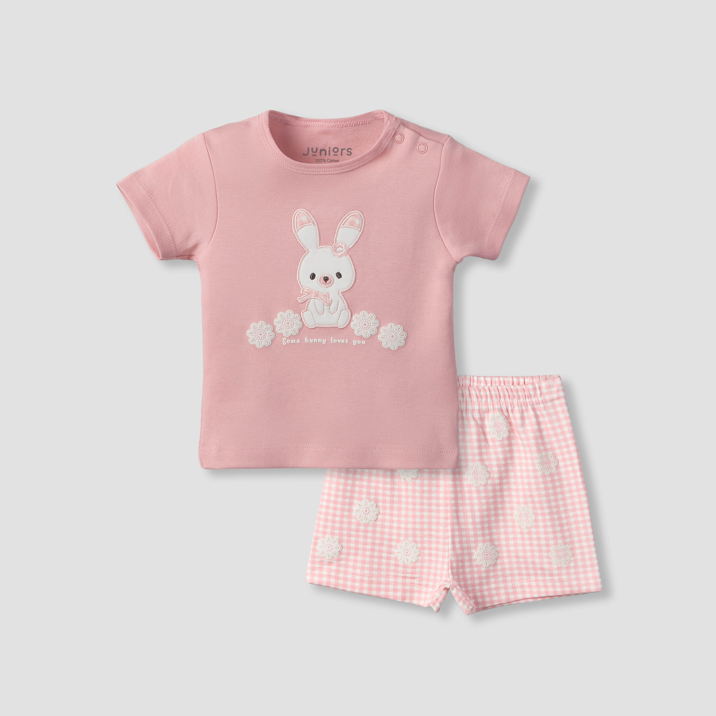 Juniors Crew Neck Short Sleeves T-shirt and Shorts Set with Bunny Applique-baby-girls-clothing-setsandcoords-image-2