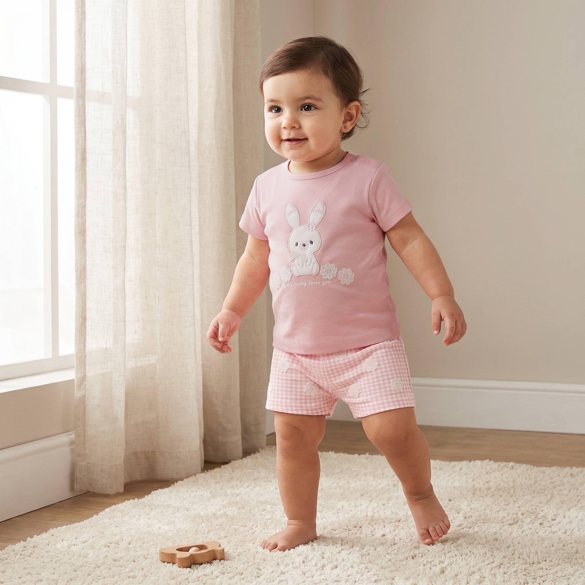 Juniors Crew Neck Short Sleeves T-shirt and Shorts Set with Bunny Applique-baby-girls-clothing-setsandcoords-image-1