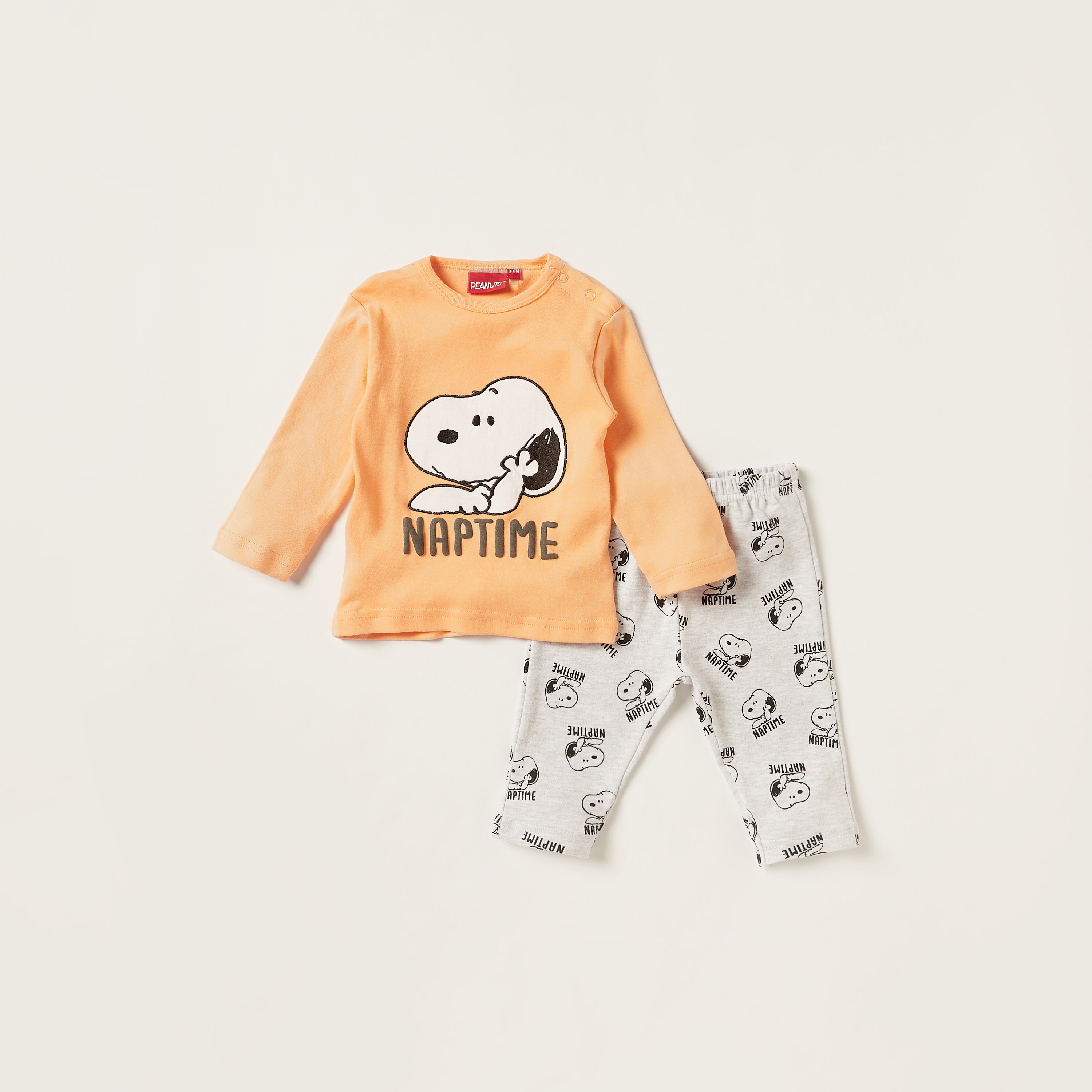 Disney Peanuts Print Crew Neck T-shirt and Pyjama Set-baby-boys-clothing-nightwear-pyjamasets-image-1