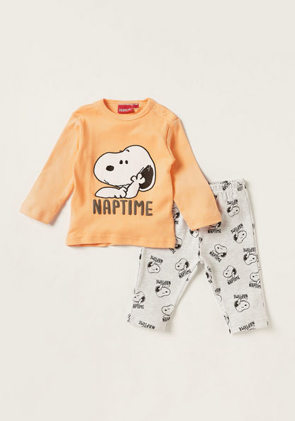 Disney Peanuts Print Crew Neck T-shirt and Pyjama Set