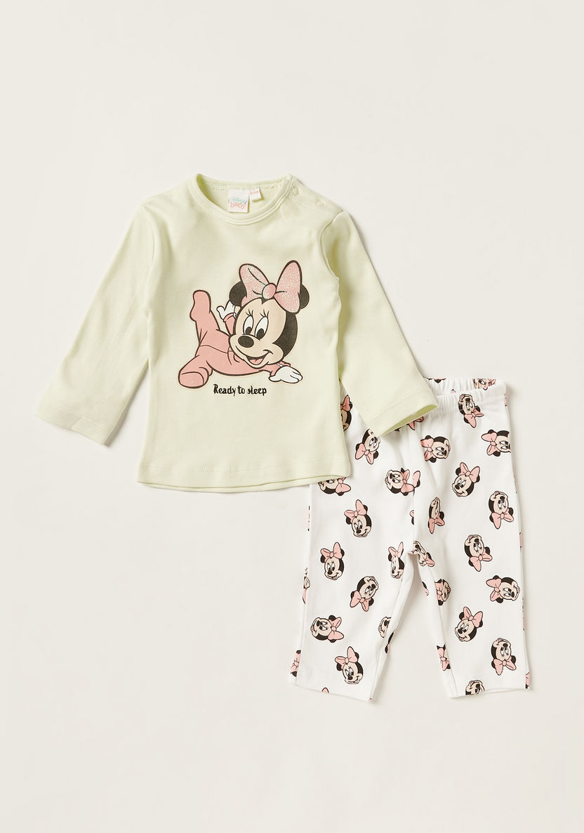 Disney Minnie Mouse Print Crew Neck T-shirt and Pyjama Set-Pyjama Sets-image-0