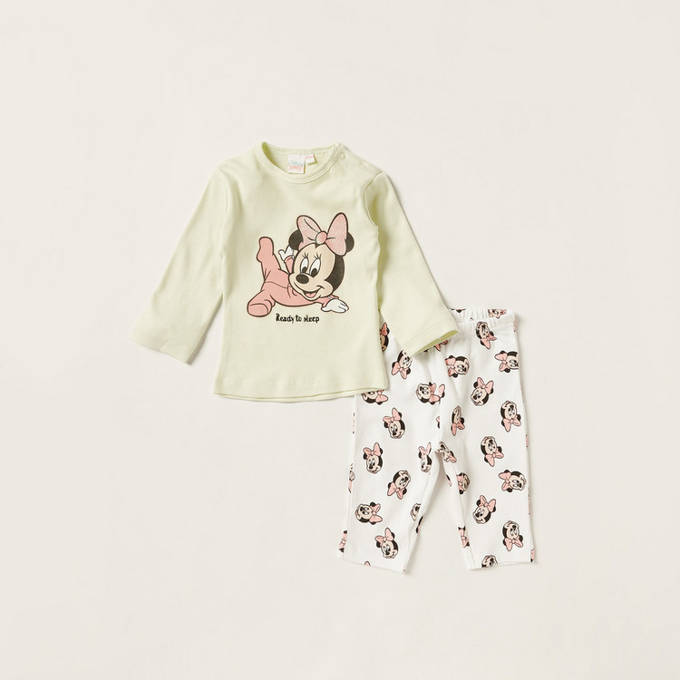 Disney Minnie Mouse Print Crew Neck T-shirt and Pyjama Set
