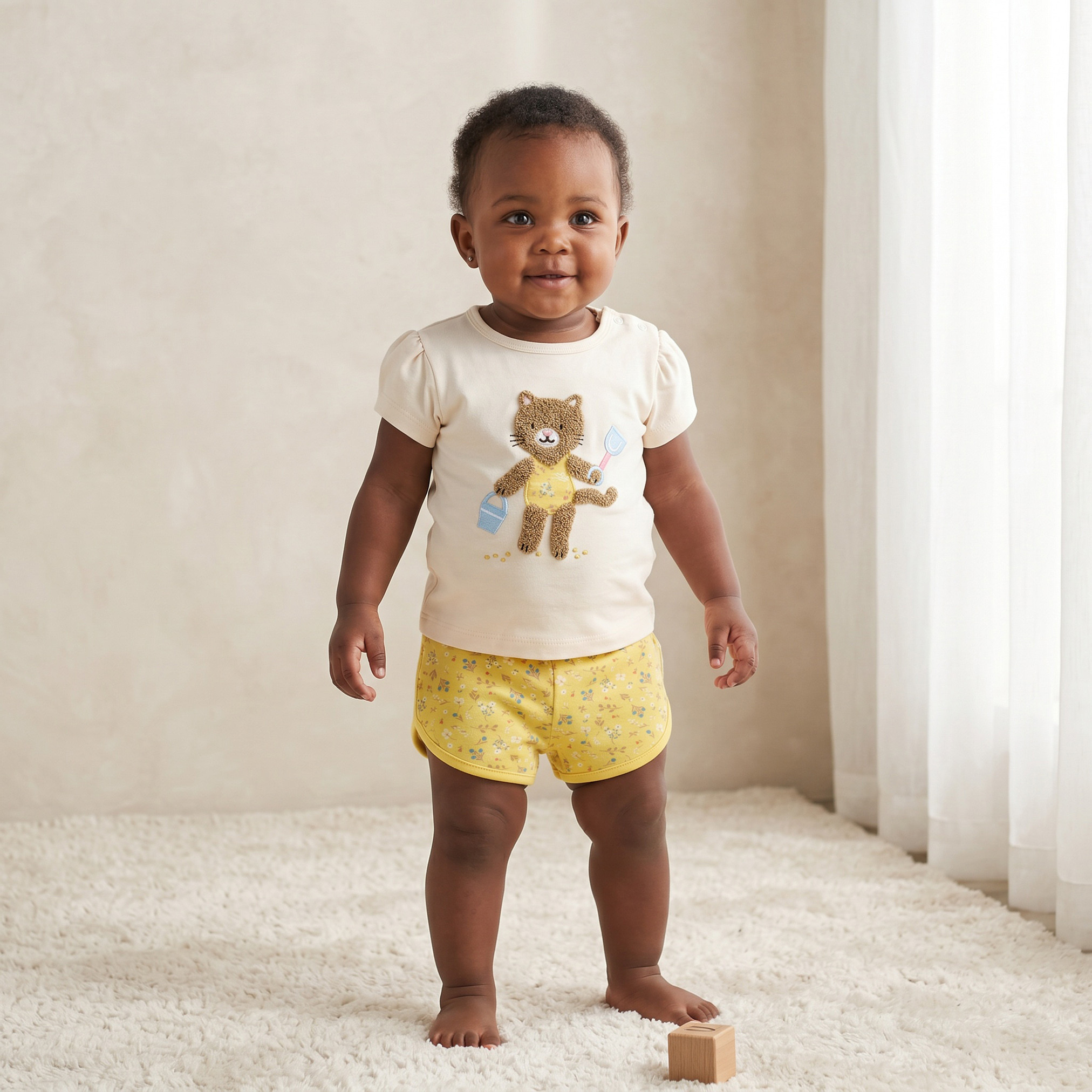 Juniors Crew Neck Short Sleeves T-shirt and Shorts Set with Cat Applique-baby-girls-clothing-setsandcoords-image-1