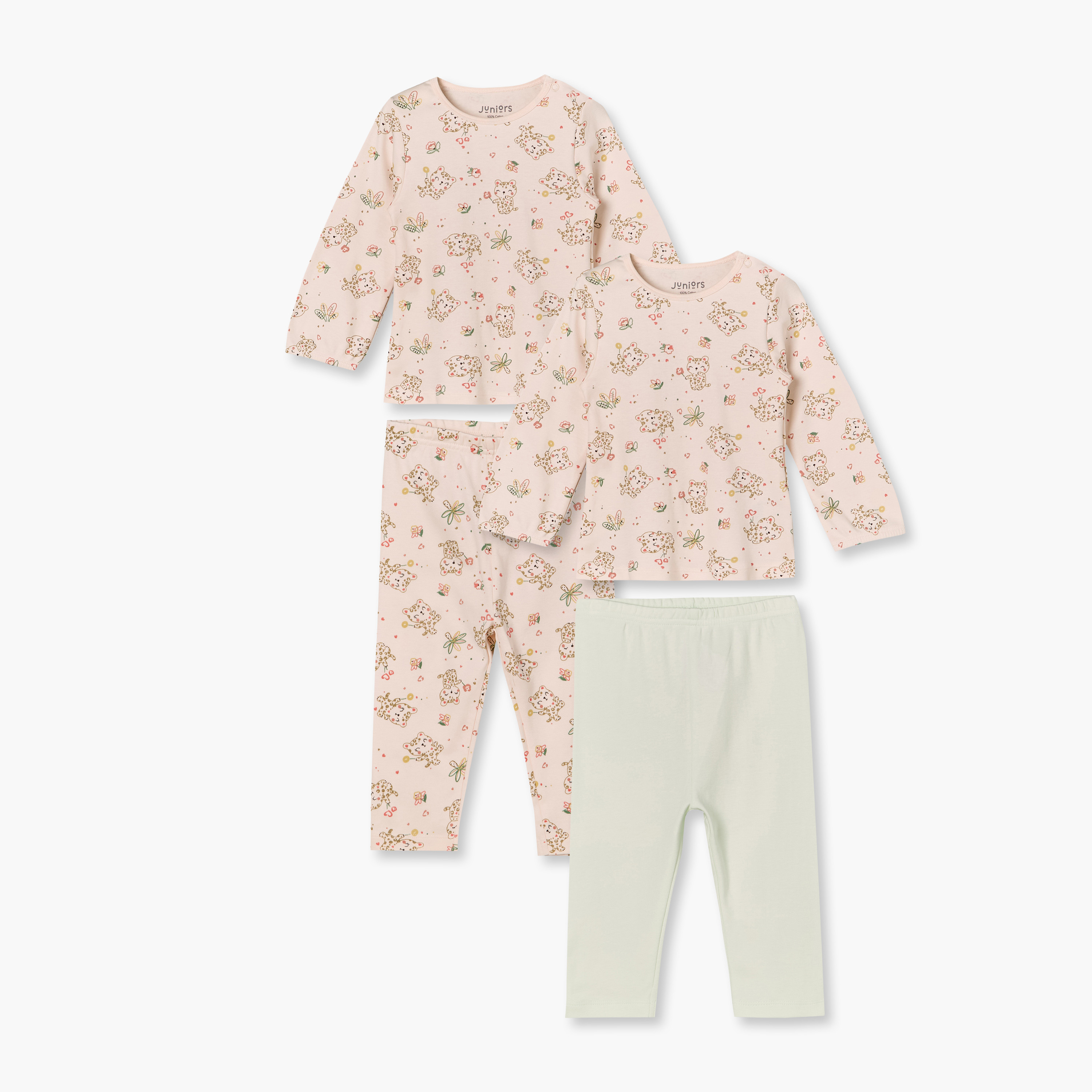 طقم بيجاما قطن بياقة ضيقة وأكمام طويلة بطبعات قطط من جونيورز - عبوة من قطعتين-baby-girls-clothing-nightwear-pyjamasets-image-1
