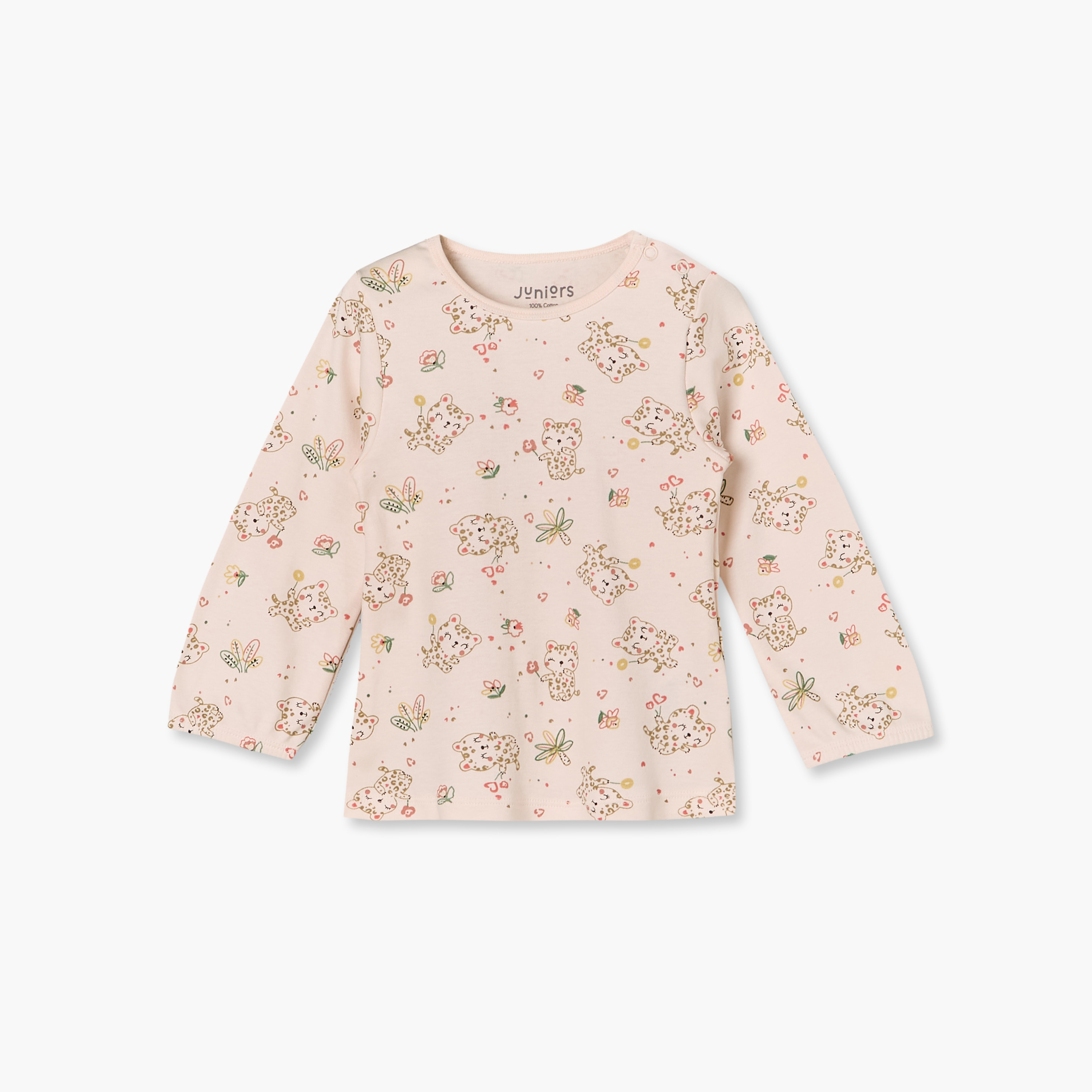 طقم بيجاما قطن بياقة ضيقة وأكمام طويلة بطبعات قطط من جونيورز - عبوة من قطعتين-baby-girls-clothing-nightwear-pyjamasets-image-2