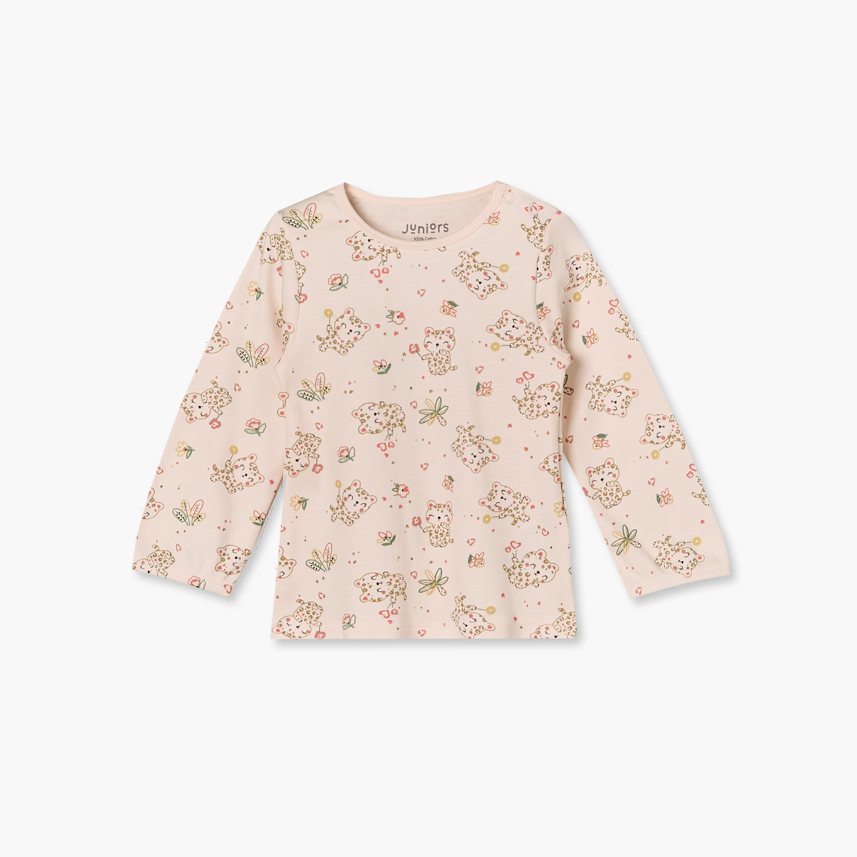 طقم بيجاما قطن بياقة ضيقة وأكمام طويلة بطبعات قطط من جونيورز - عبوة من قطعتين-baby-girls-clothing-nightwear-pyjamasets-image-4