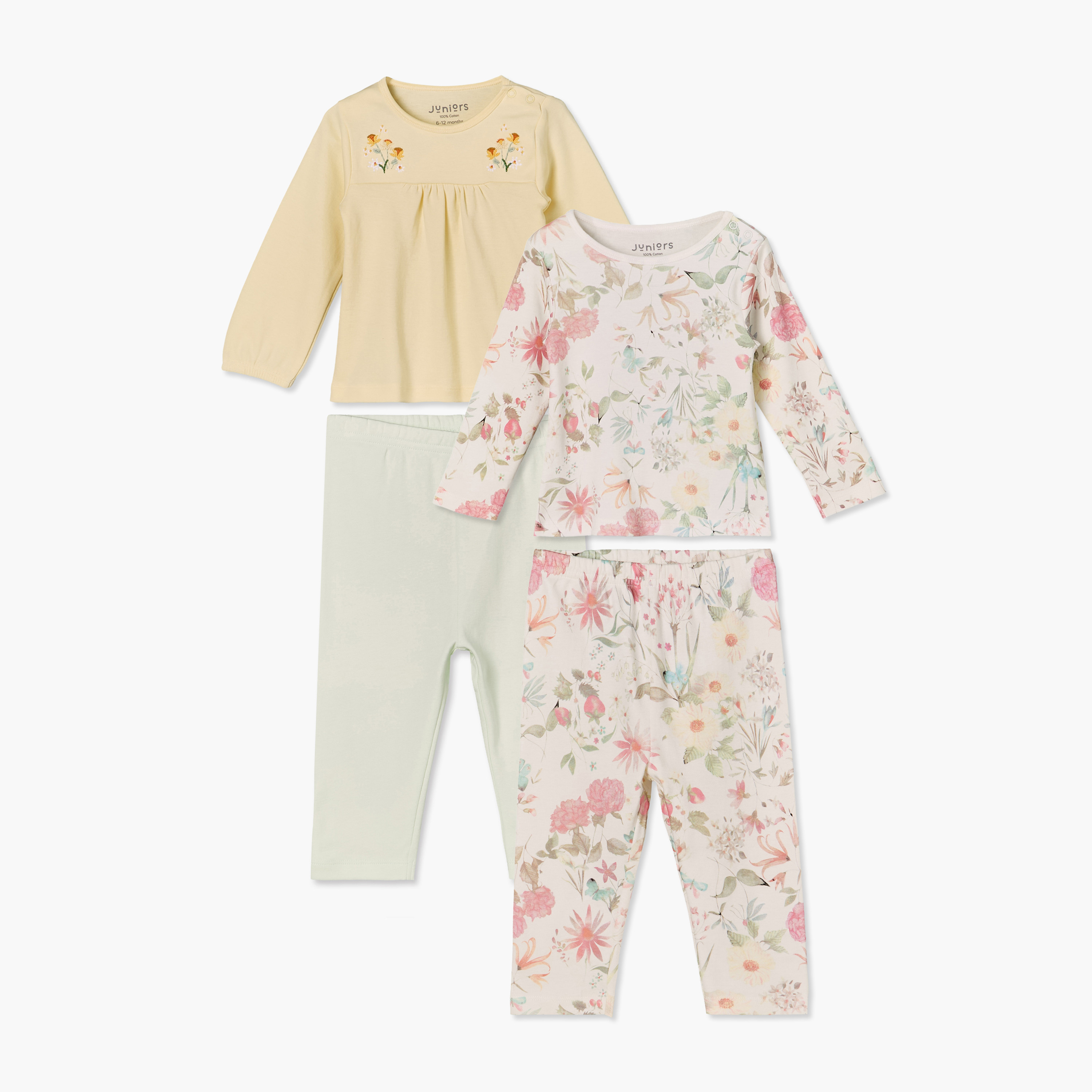 طقم بيجاما قطن بياقة ضيقة وأكمام طويلة وطبعات زهرية من جونيورز - عبوة من قطعتين-baby-girls-clothing-nightwear-pyjamasets-image-1