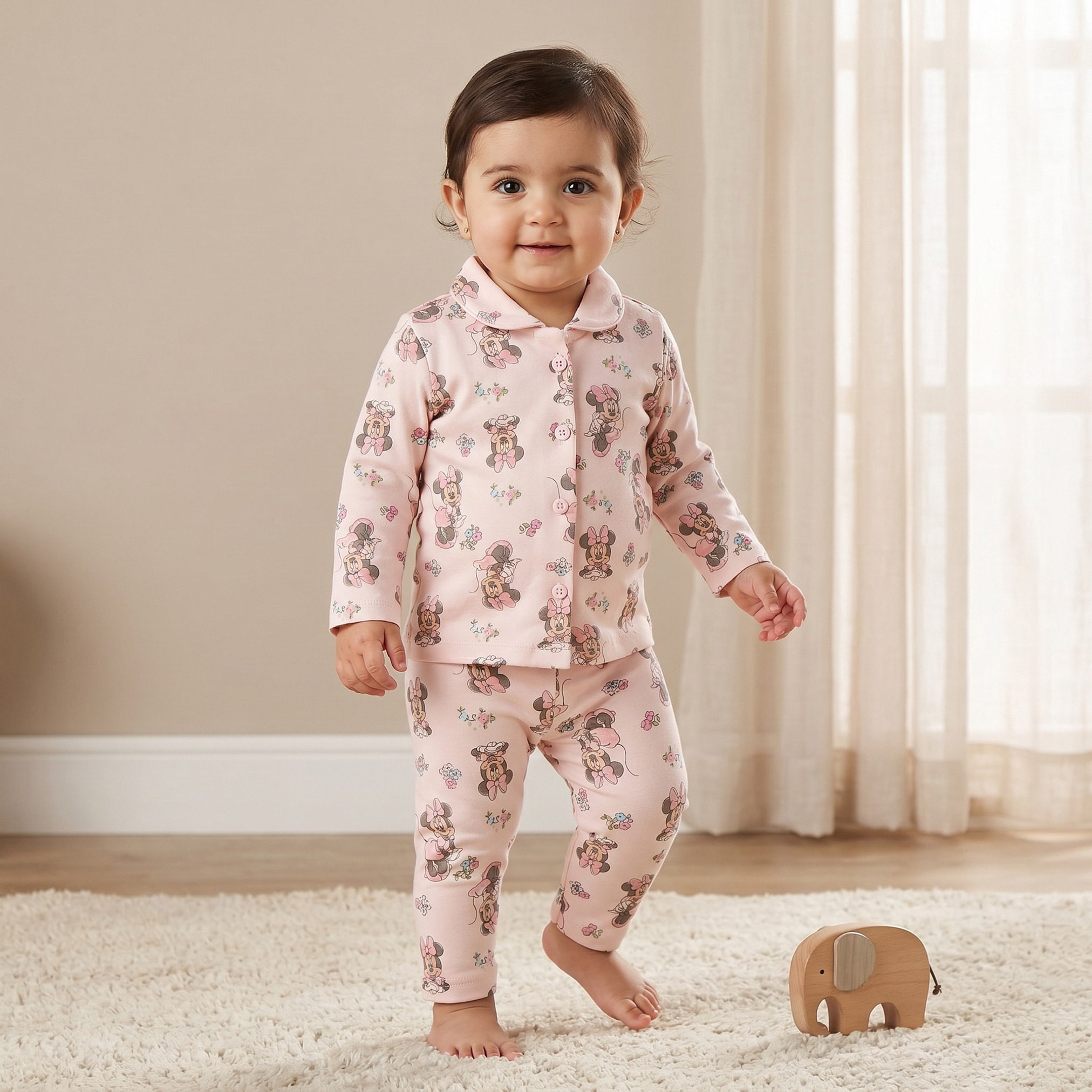 Disney Cotton Collared Long Sleeves Pyjama Set with Minnie Mouse Print-baby-girls-clothing-nightwear-pyjamasets-image-1