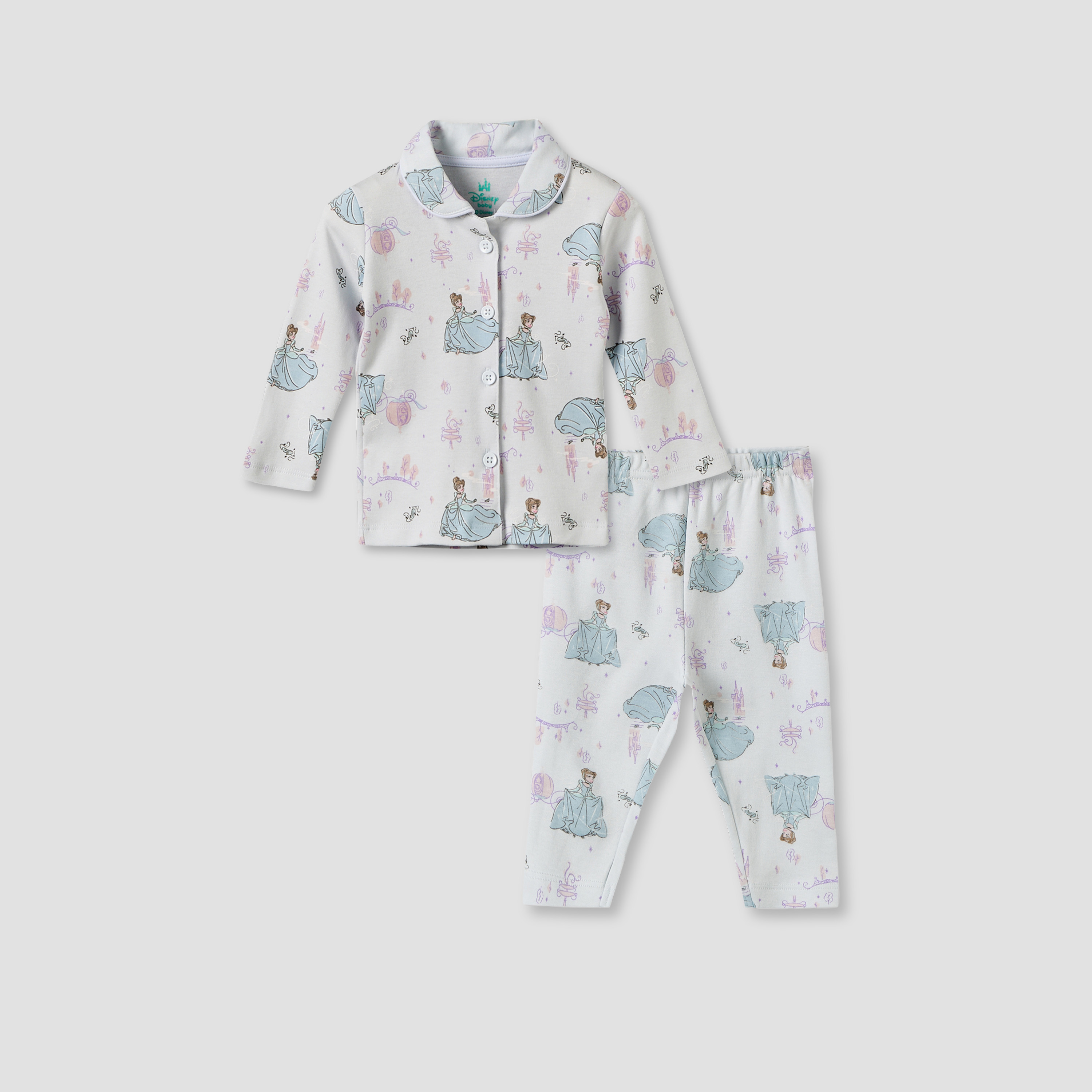 طقم بيجاما قطن بياقة عادية وأكمام طويلة وطبعات سندريلا من ديزني-baby-girls-clothing-nightwear-pyjamasets-image-1