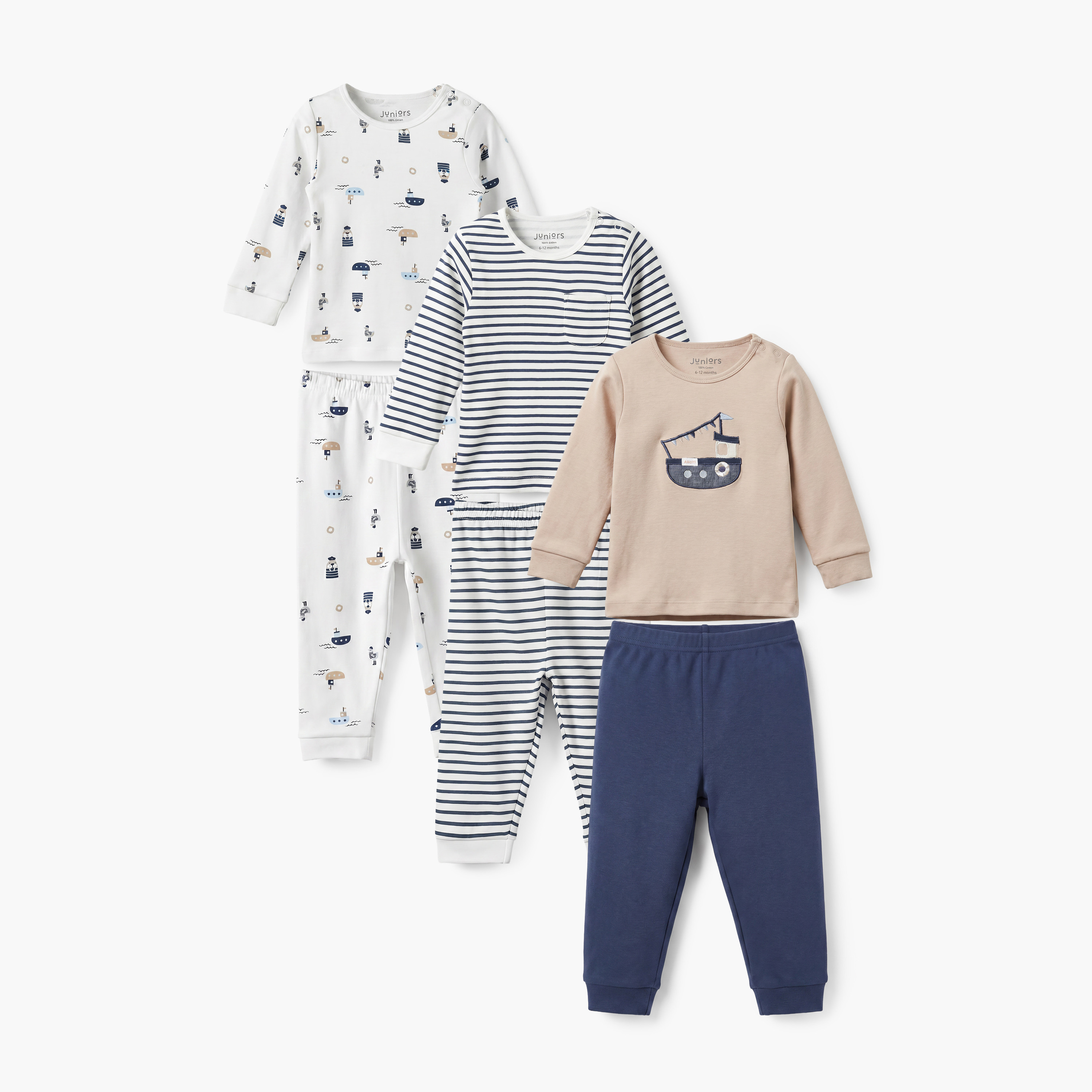 Pack of 3 Juniors Crew Neck Long Sleeves Pyjama Set with Nautical Print-baby-boys-clothing-nightwear-pyjamasets-image-1